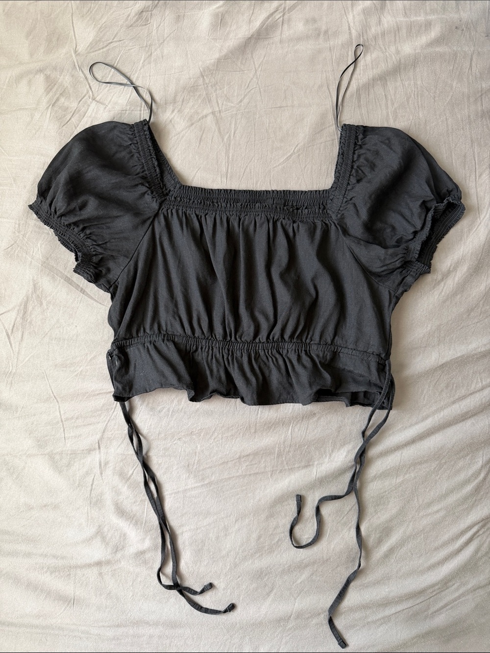 Uniqlo:C Black Smocked Square Neck Crop Top L Tie Strap NWOT